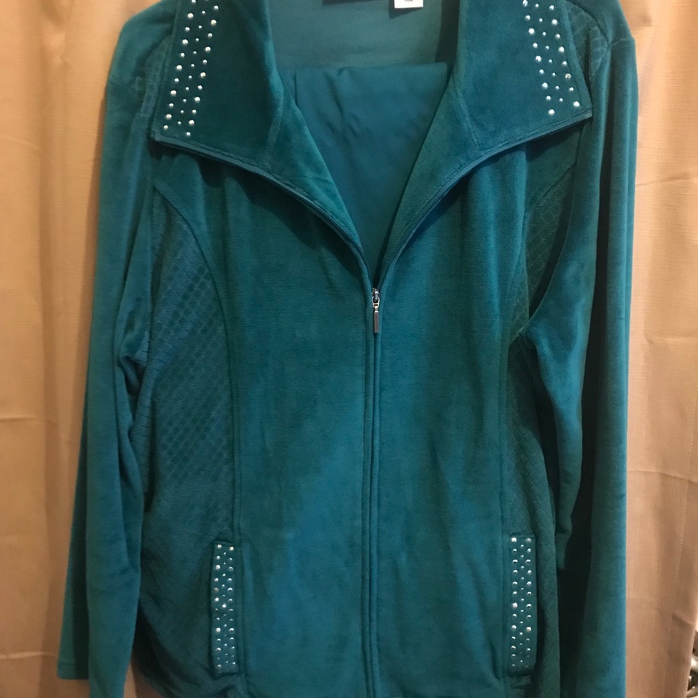 Alfred Dunner teal embellished zip warm top 18
